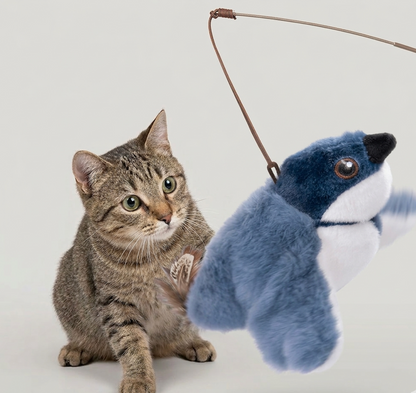 Gray tabby cat curiously watches a blue and white flapping bird toy, suspended by a string. The toy features realistic details.