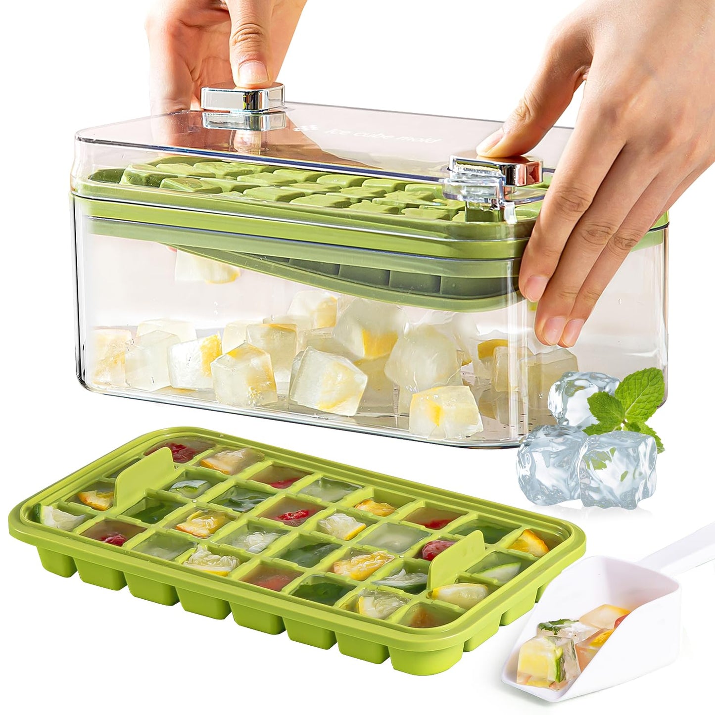Ice Cube Tray with Lid and Bin 64 PCS Ice Cube Trays for Freezer with 2 Trays & Ice Scoop Ice Cube Mold with Container Easy-Release Ice Trays for Drinks Coffee Juice Cocktail