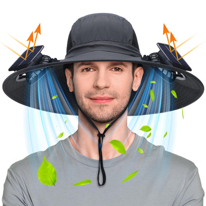 Dark gray sun hat with wide brim, featuring two solar fans on each side, worn by a man. Adjustable drawstring for comfort.