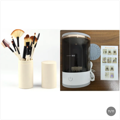 Cream-colored container holding various makeup brushes beside a sleek black and white makeup brush cleaner.