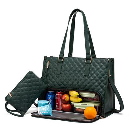 Stylish green insulated lunch bag with quilted texture, spacious compartment, and included matching wallet.