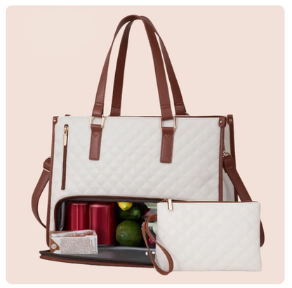 Stylish insulated lunch bag in white with brown accents, featuring a spacious main compartment and a smaller pouch.